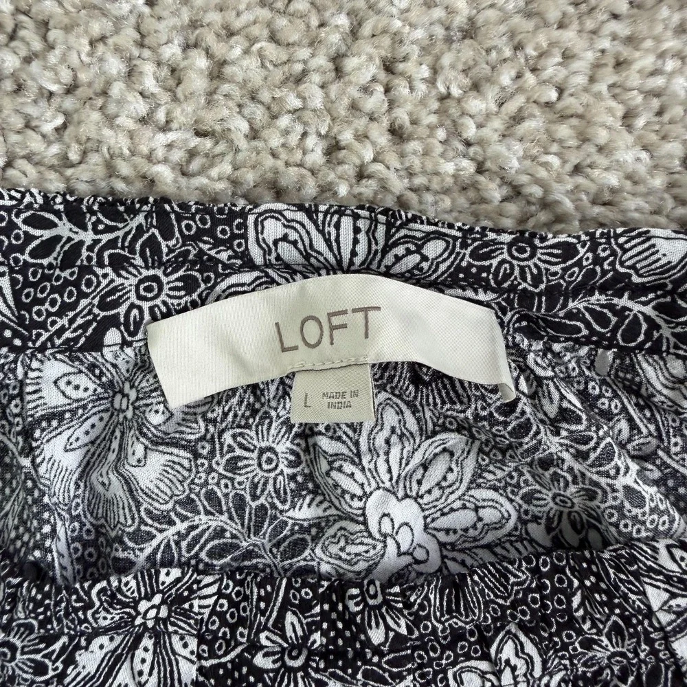 LOFT Blouse Womens Large Black Floral Off Shoulder Puff Sleeve Ruffle Top